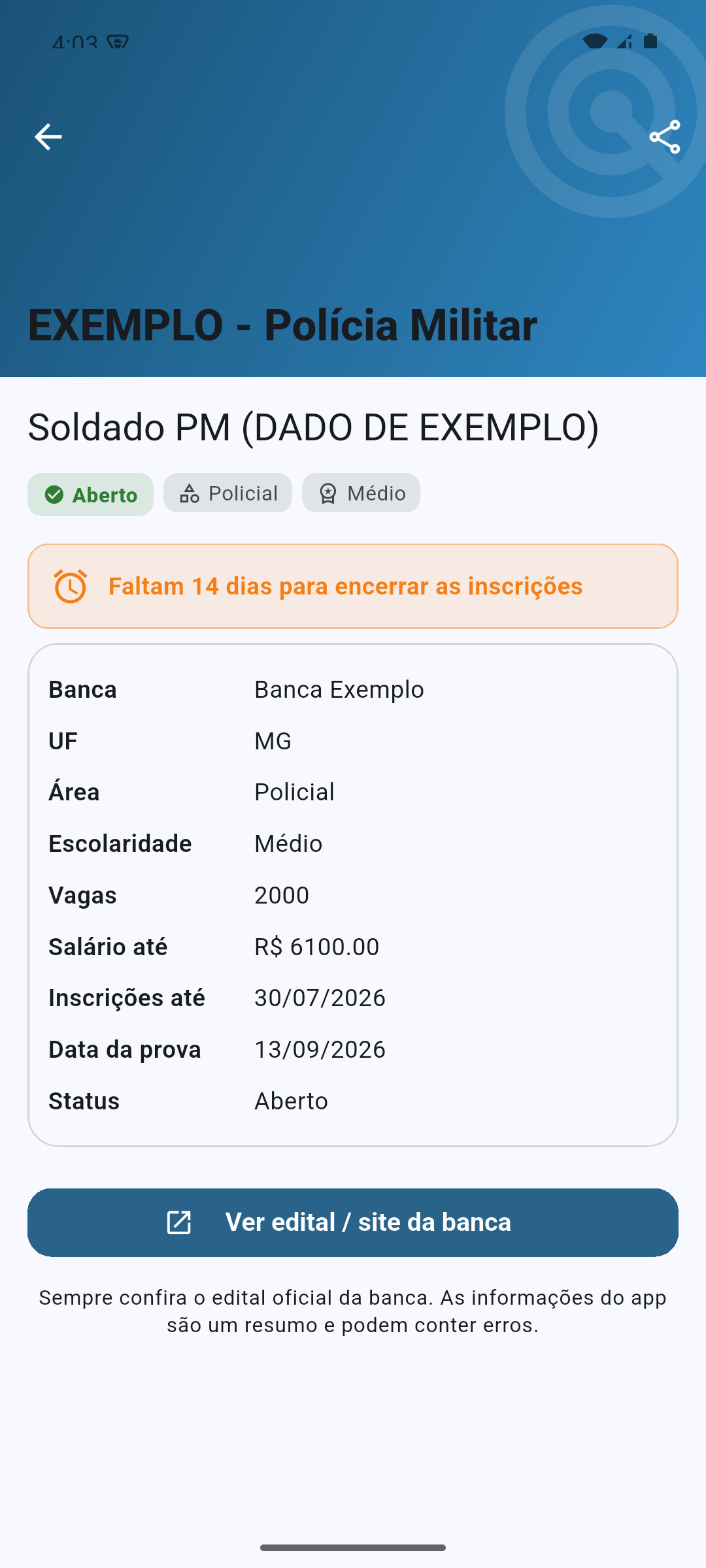 Tela de detalhe de um concurso com prazo e link do edital