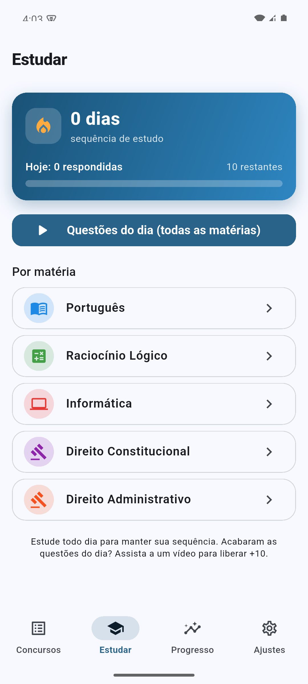 Tela do modo Estudar com meta diária