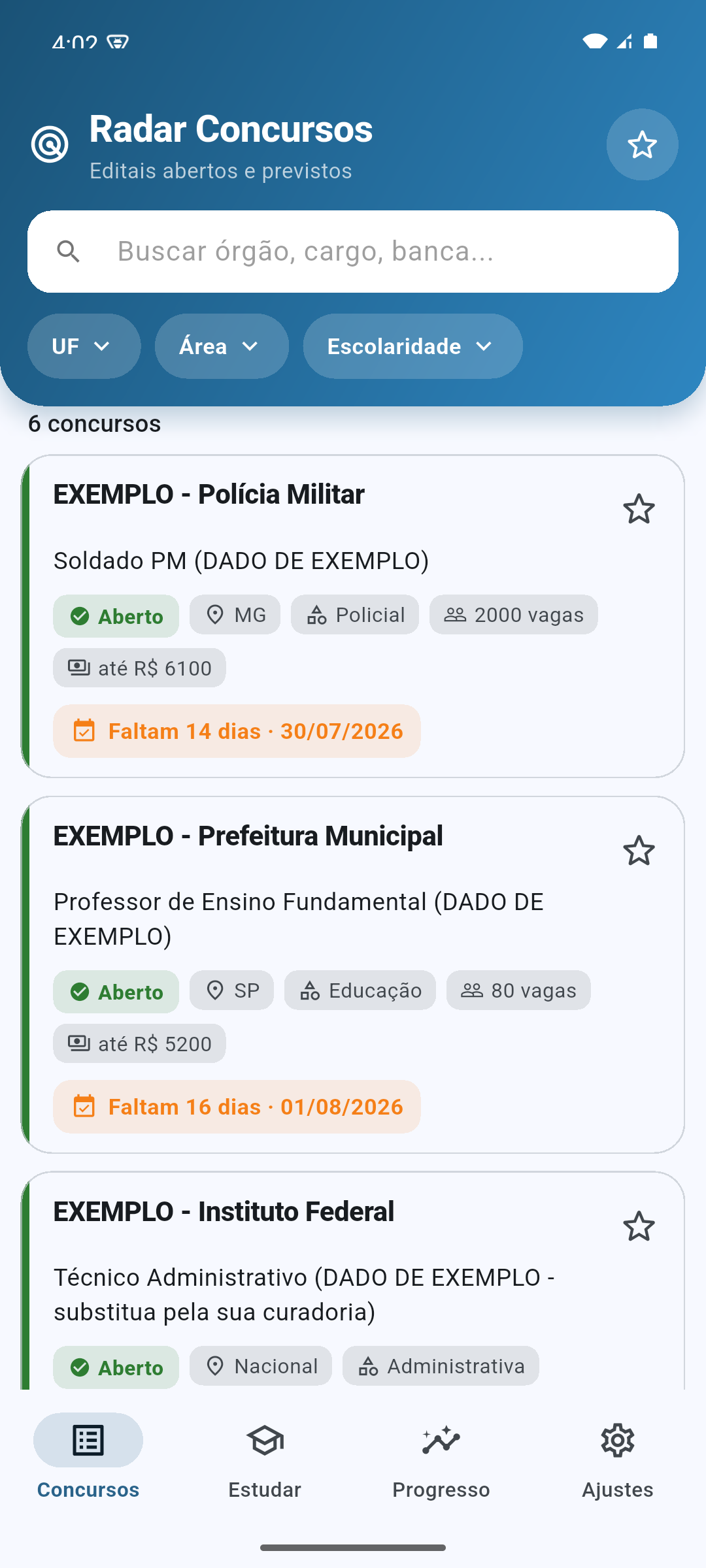 Tela do app Radar Concursos mostrando o feed de concursos com filtros